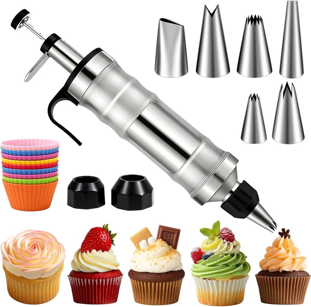 FANTEXY Dessert Decorating Syringe Set, Icing Piping Kit Stainless Steels Cake Decorating Tools 6 Piping Icing Nozzles Cupcake Decorating Kit (Silver)