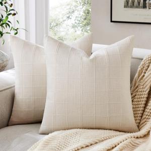 ZeeMart Linen Checked Throw Pillow Covers Set of 2, 20x20 Inch Allover Grid Ivory, Farmhouse Decorative Double Sided Grid Embroidered Couch Pillow Cases Off White Cotton Linen Cushion Covers