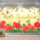 BlissYard Hello Sunshine Banner 71x43 Inches Red Rose Floral Spring Party Banner Spring Garden Yard Decor Butterfly Hummingbird Summer Decoration Banner Outdoor Photography Background