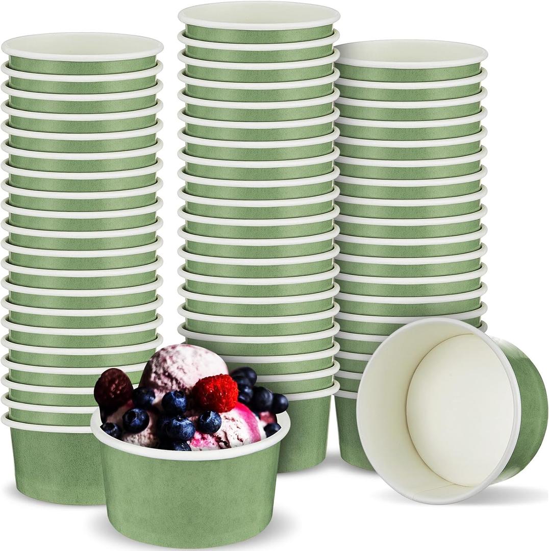 Maxdot 60pcs 3oz Dessert Cups, Disposable Ice Cream Cups, Paper Frozen Yogurt Bowls, for Hot and Cold Foods, Suitable for Gelato or Mousse (Sage Green)