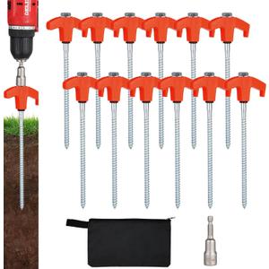 12 Pack Screw in Tent Stakes Heavy Duty,8 Inch Ground Anchors Screw in,Metal Stakes with Hex Head Driver,Camping Tent Accessories.(Orange)