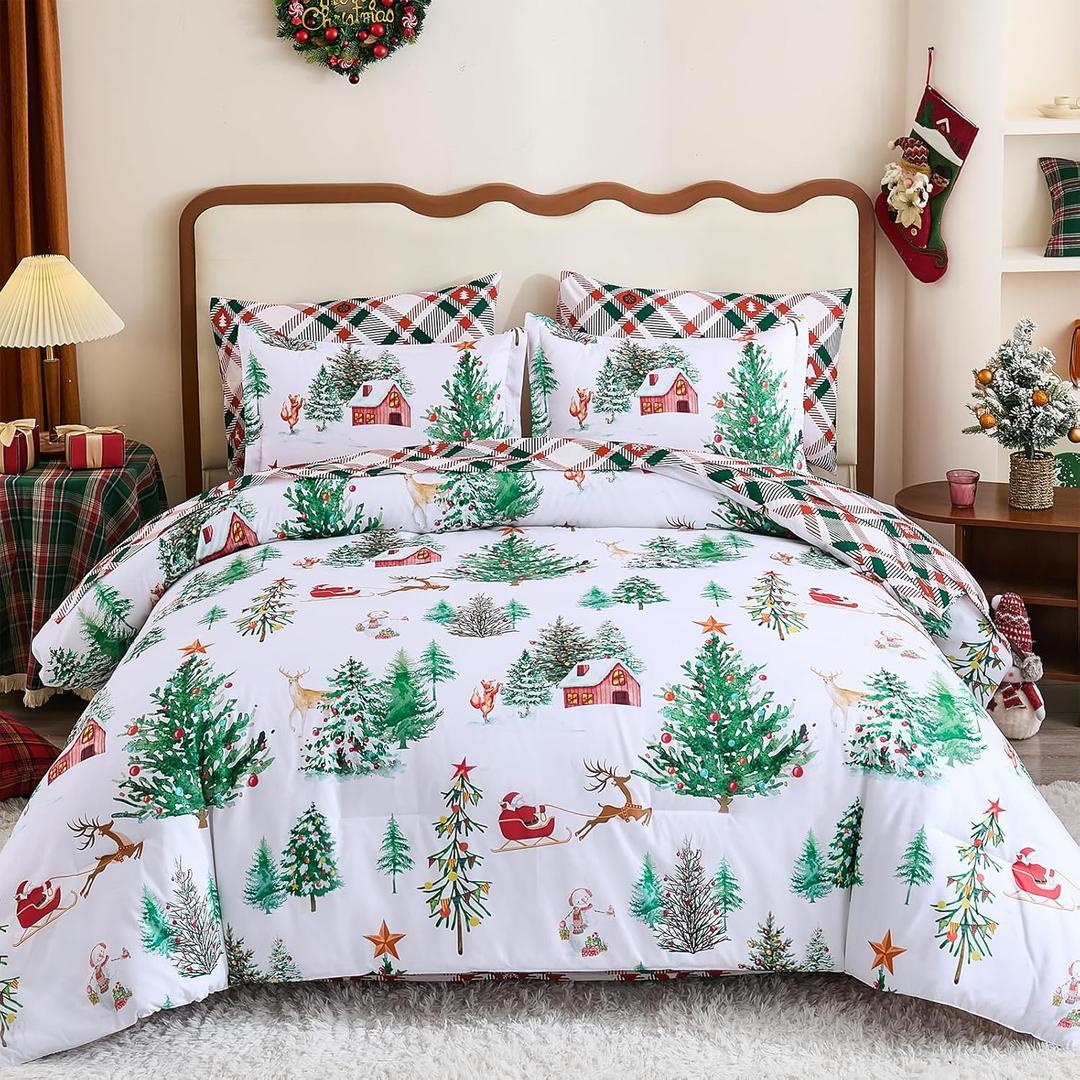 Dobuyly Christmas King Comforter Set 7 Pieces, Xmas Tree Reindeer Bedding Set Reversible Green Red Plaid Comforter Set with Sheets, Soft Winter Holiday Bed in a Bag