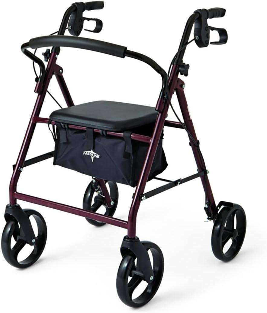 Medline Steel Rollator Walker for Adult Mobility Impairment, Burgundy, 350 lb. Weight Capacity, 8” Wheels, Foldable, Adjustable Handles, Rolling Walker for Seniors