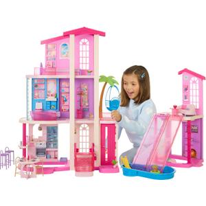 Barbie Dreamhouse Dollhouse
43" tall, Elevator, 9 Play Areas, 2 Houses, 2 Pools, 2 Slides & 65+ Pieces Including Furniture & Accessories