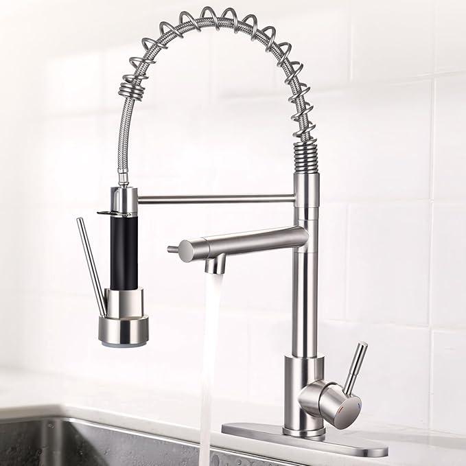 Kitchen Faucet with Pull Down Lock Sprayer, Single Handle High Pressure Brushed Nickel Kitchen Faucet, Double-Headed Spring Stainless Steel Kitchen Sink Faucets