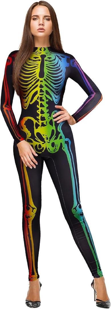 KatchOn Multicolor Skeleton Bodysuit - Women's Halloween Costume (Large)