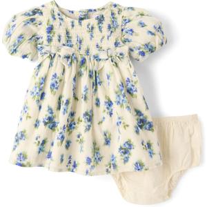 The Children's Place,Baby-Girls,and Newborn Casual Short Sleeve Dress with Diaper CoverBlue Floral,12 Months,18 Months