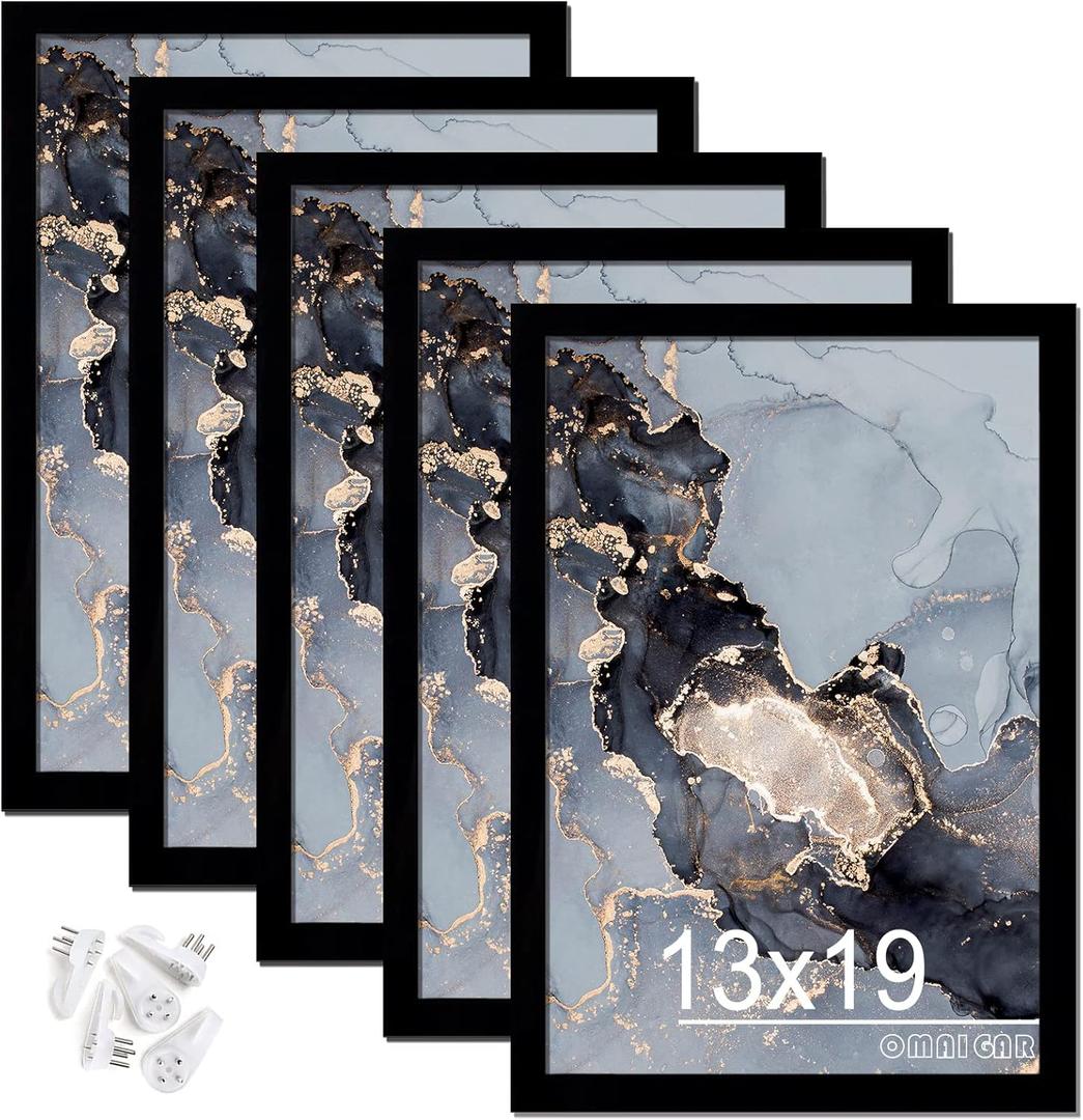 OMAIGAR 13x19 Picture Frame Set of 5, Black Poster Frames for 13 by 19 Poster Photo Canvas Certificate, High Transparent Acrylic Frame on Wall Desktop Horizontal Vertical 13 x 19