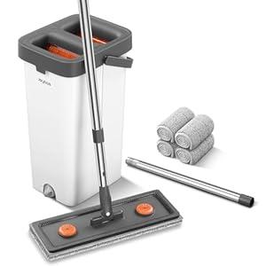 Mop and Bucket with Wringer Set for Home,61" Flat Mop and Bucket System for Floor Cleaning,Wet Dry Mop Window Wall Cleaner with Long Handle,Floor Mop with 4 Washable Microfiber Pads
