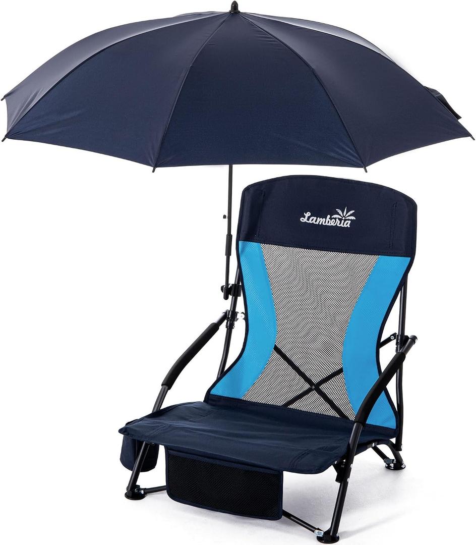 Lamberia Folding Beach Chair with Umbrella for Adults, Portable Low Beach Chairs with 300lbs Capacity, Lightweight Fodable Camping Chair for Travel, Picnic, Concert & Outdoor Activities, Navy Blue, 27.5x22x20 Inches