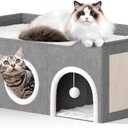 All-in-1 Extra-Wide Cat House for Indoor, Multi Cats Puppy Family, Large Cat Cave for Pet House with Fluffy Ball Hanging and Scratch Pad, Foldable Dog Hideaway, 35.4x19.6x13.3 inches, Grey