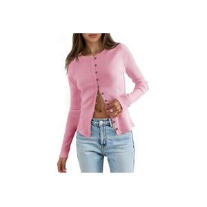 Womens Lightweight Fitted Sweaters Crew Neck Long Sleeve Button Down Ribbed Knit Cardigan Size L