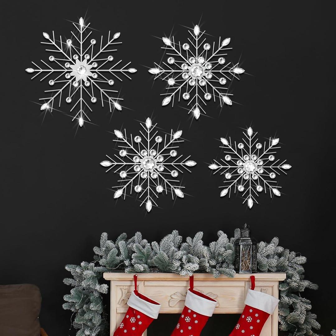Hicarer 4 Pcs 12" 10" 8" Snowflake Metal Wall Art Rhinestones 3D Decor Christmas Silver Hanging Metal Artwork Wall Decor Glitter Crafts Snowflake Decorations for Living Room (Transparent White)