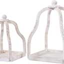 2 Pack Wood Beaded Lantern Set Vintage Rustic Farmhouse Decorative Candle Lanterns, Distressed White