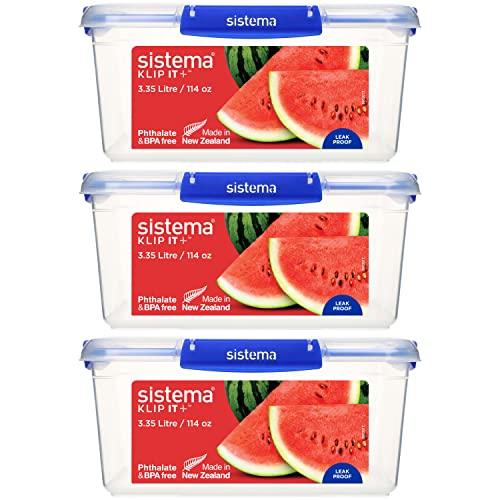 Sistema KLIP IT PLUS Food Storage Containers | 3.35 L | Leak-Proof, Stackable & Airtight Fridge/Freezer Containers with Lids | BPA-Free Plastic | Blue Clips |   2 pack