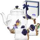 BTaT- Floral Glass Tea Set for Adults, Service for 2, Fancy Glass Pot(8 oz) & Cups(2 oz), Blue Butterfly & Flower Design with Gift Box, Tea Pot Sets for Women Gift, Chrisrmas Gifts
