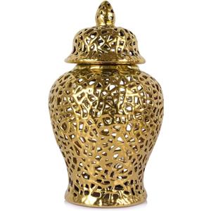 Gold Pierced Ginger Jar Vase with Lid - 15.7" Tall Decorative Ceramic Jar for Home Decor, Centerpiece for Living Room, Dining Room, Entryway, or Office, Large Gold Vase for Flowers