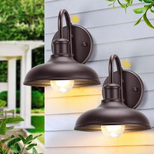 2-Pack Dusk to Dawn Gooseneck Outdoor Light Fixtures, Farmhouse Barn Lights for Porch, Industrial Brown Exterior Wall Sconce for Garage, Patio, E26 Base Anti-Rust for Garage Frontdoor Entryway Doorway (7.6''-With Sensor)