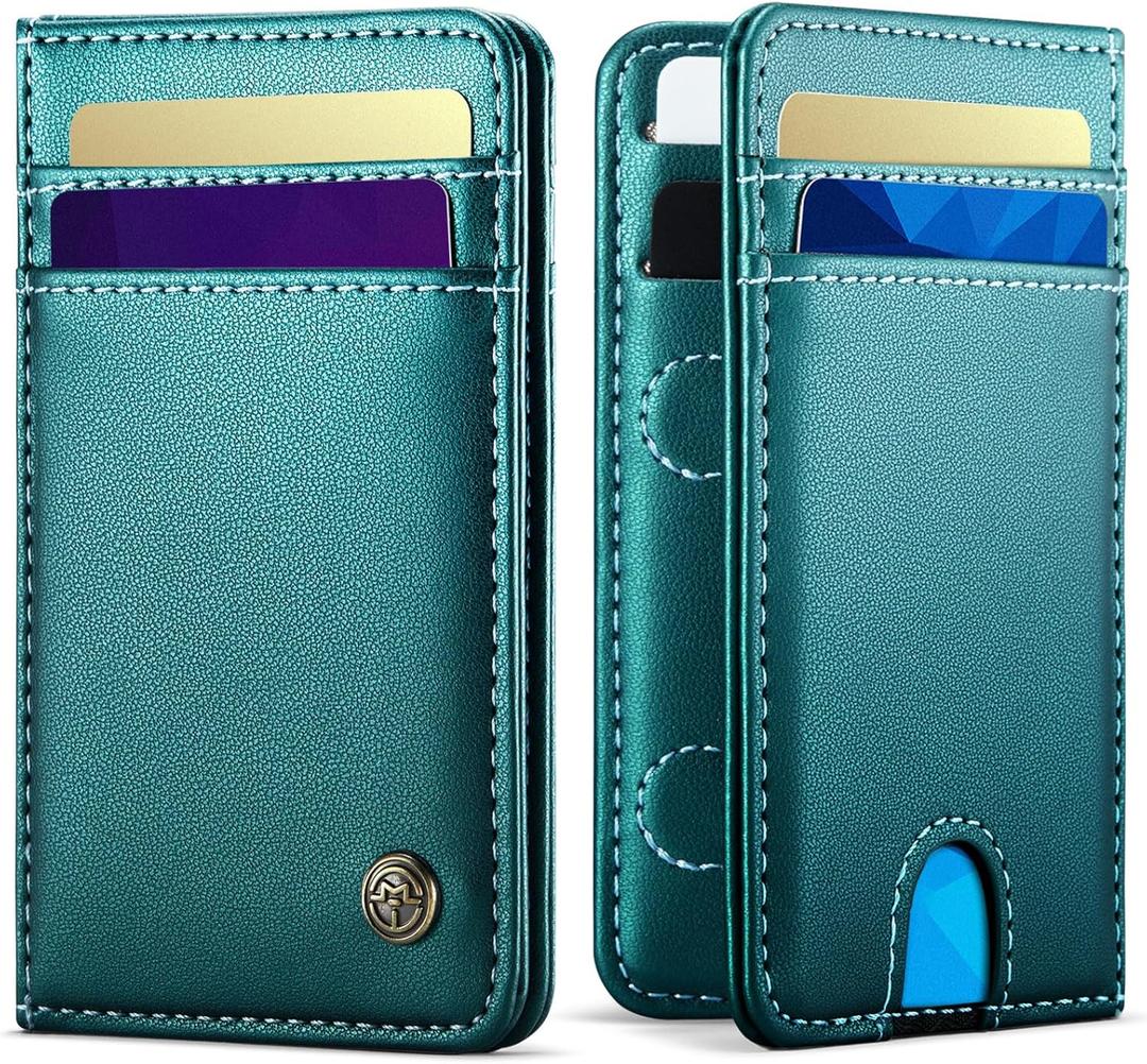 Wallet for Women Men RFID Blocking Card Holders and Money Slots, PU Leather Front Pocket Minimalist Slim Wallets Gift for Mens, Bluish Green
