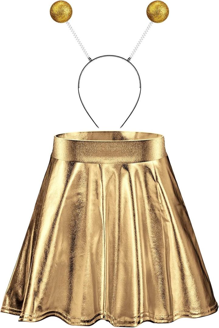 Sintege Halloween Alien Headband and Metallic Flared Pleated Skater Skirt for Halloween Costumes Supplies(Large Skirt,Gold)