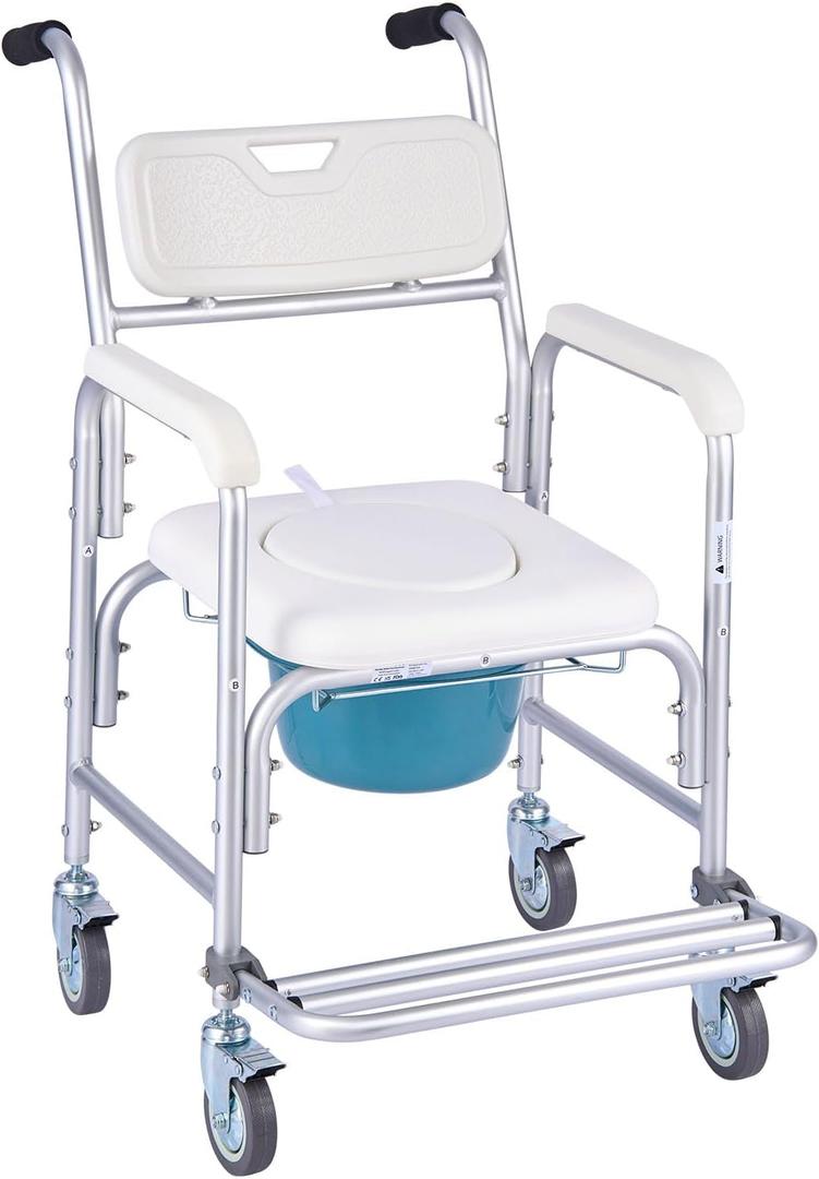  Bedside Commode Chair with Wheels, 350 lbs Capacity, 4-in-1 Portable Toilet and Raised Toilet Seat with Padded Seat/Backrest/Flip-up Footrest, Detachable 5L Bucket, Shower Wheelchair for Seniors