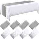 Breling 8 Pack White and Silver Disposable Plastic Tablecloths and Satin Table Runner Set, 54 x 108 Inch Tablecloth, 12 x 108 Inch Table Runners for Wedding Graduation Birthday Baby Shower New Year