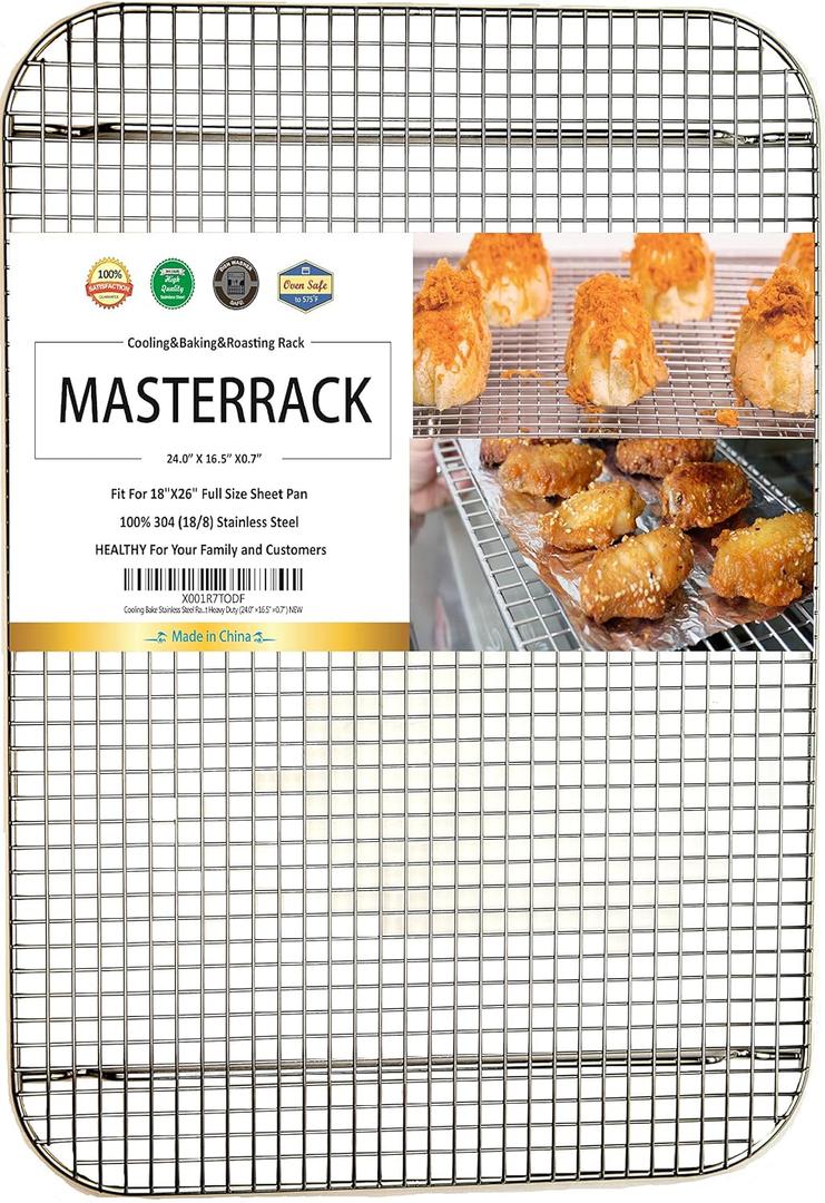 100% 304 Stainless Steel Cooling Rack and Wire Grate For Full Size Sheet Bun Pan,Real Heavy Duty 3.20LB, Roasting,Drying,Commercial Quality, Healthy Material (24"x16.5"x0.7")