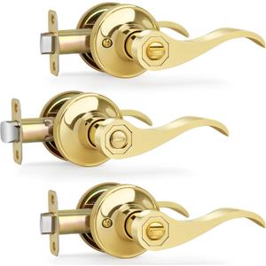 Moquin Privacy Wavy Style Gold Door Handles with Lock (No Key), Brushed Gold Door Handles with Reversible Lever for Bathroom and Closet, Polished Brass, 3 Pack