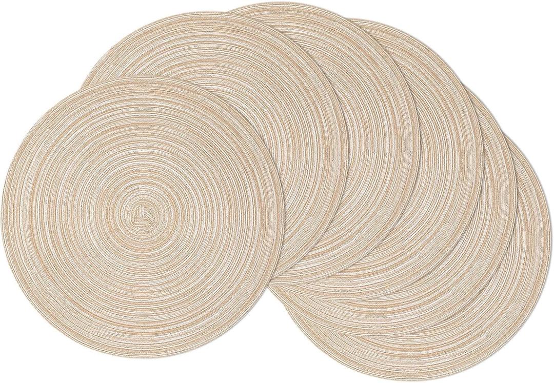 SHACOS 15 inch Round Braided Placemats Set of 6 Cotton Polyester Place Mats Non Slip Heat Resistant Washable Table Mats for Kitchen Dining Party Table Decor (Beige, 6)