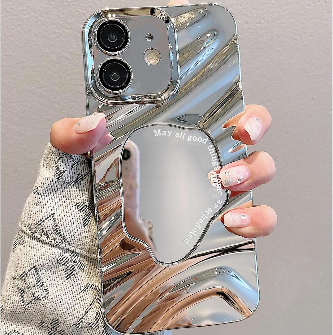 Mirror Case for iPhone Xs Max, Built-in Make up Mirror, Water Ripple Pattern, Fashion Luxury Plating, for Women and Girls, Soft Flexible Wave Frame Shap, Silver