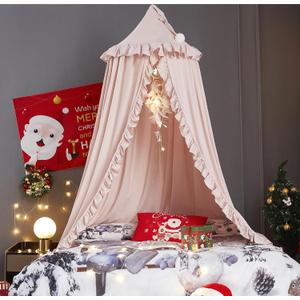 VETHIN Bed Canopy for Girls,Princess Round Dome Dreamy Mosquito Net Bedding Girls Room Castle Play Tent Hanging House Decor Reading Nook Canopies (Beige Pink)
