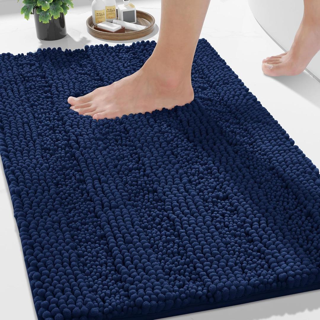 Yimobra Navy Blue Bathroom Rug Mat, Non Slip Quick Dry Bath Mats, Extra Thick and Super Absorbent Bath Rugs, Luxury Microfiber Chenille Plush Fluffy Washable Soft Shower Carpet for Floor, 24" x 17"