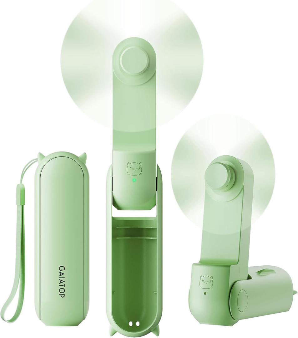 GAIATOP Portable Handheld Fan, 3 IN 1 Mini Foldable Travel Fans [17H Max Cooling Time] with Power Bank, Pocket Design USB Rechargeable for Travel Concert Lash Makeup, Summer Gifts for Women Girl Green