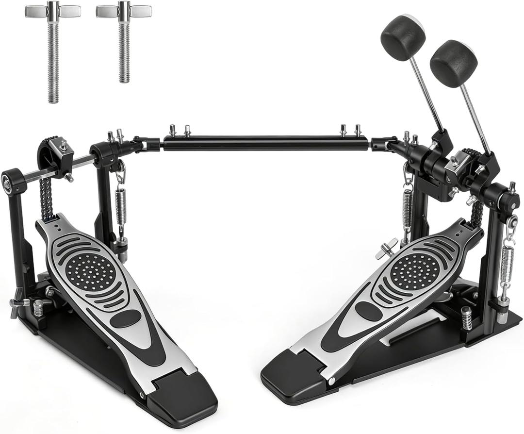 Double Bass Drum Pedal, Heavy Duty Kick Drum Pedal with Double Chain Drive, Adjustable Spring Tension, Non-Slip Metal Base, Smooth and Responsive Single Drum Pedal for Acoustic and Electronic Drums