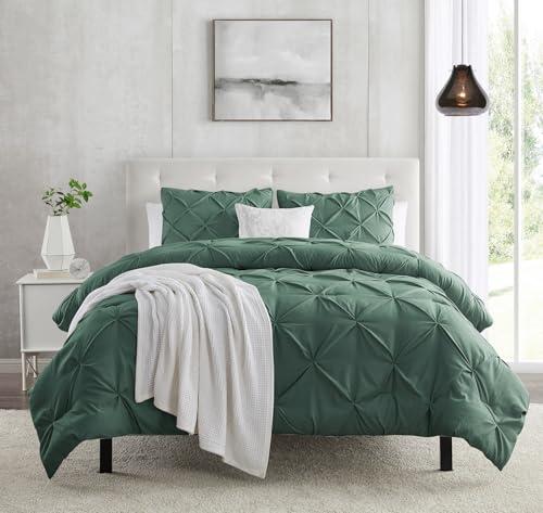 Twin Duvet Cover Set Pintuck - Forest Green 2 Piece With Button Closure, 1 Pinch Pleated Cover 68x90 Inches and 1 Pillow Sham, Luxury Bedding