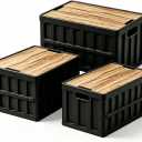 3 Pack 50L Black Collapsible Storage Crate Wooden Lid Stackable Bin for Garage RV Car