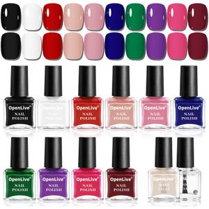 OpenLive 12 PCS Nail Polish Set With 10 Colour Combo, 2 PCS Base And Top Coat,Fast Drying Nail Polish For Home DIY And Beginners.