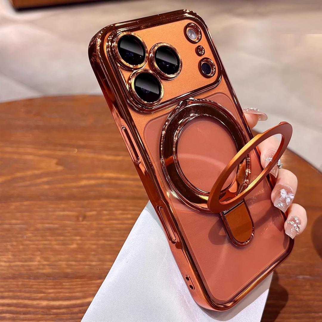 Mag-Stand Designed for iPhone 17 Pro Max Case Clear Supports Wireless Charging 17 Pro Max Case Camera Protector Invisible Stand Ring Luxury Plating Soft TPU Shockproof Phone Case 6.9",Orange