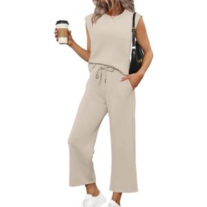 SAMPEEL Two Piece Sets for Women Casual Travel Vacation Outfits Summer Wide Leg Crop Pants Lounge Sets (Beige, L)