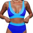 Hilinker Women's Leopard Bikini Swimsuits V Neck High Waisted 2 Piece Bathing Suits (Medium, Blue Colorblock C)