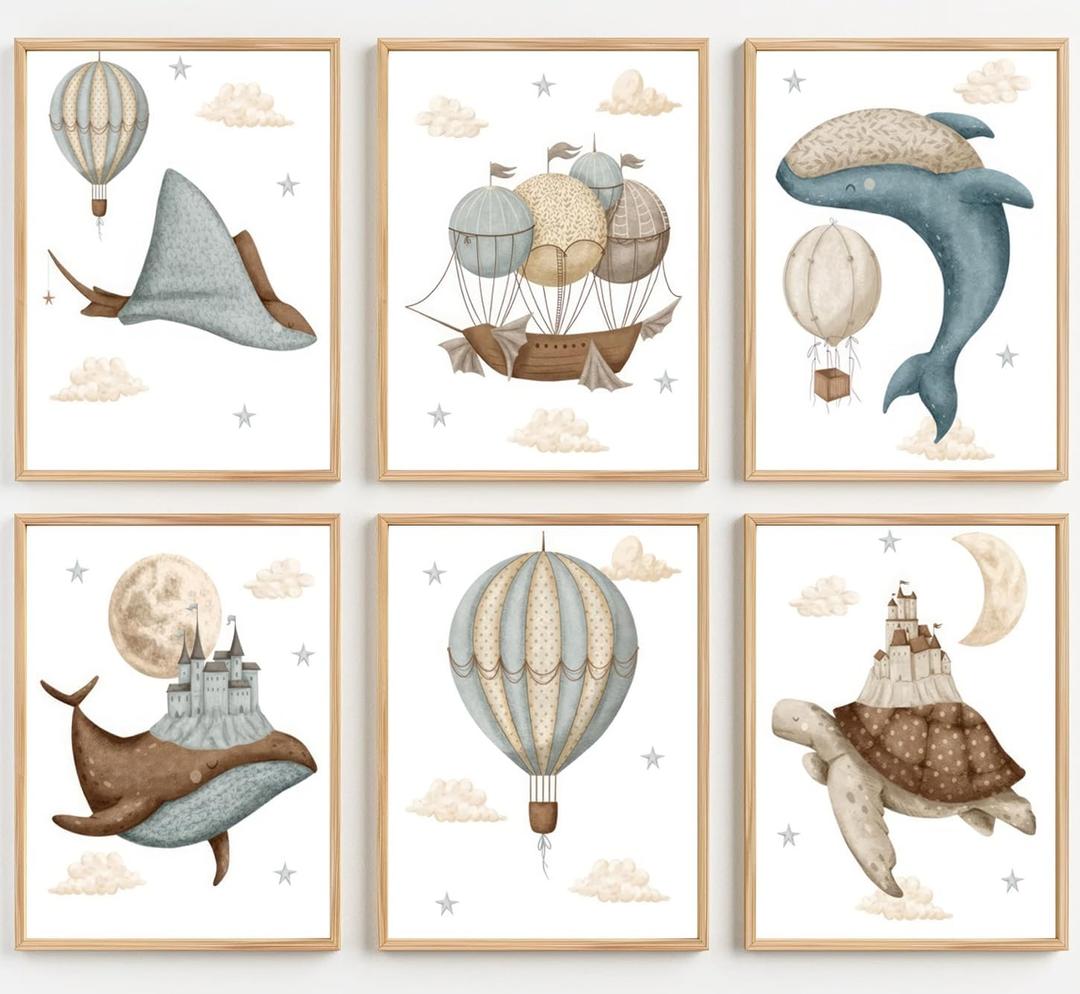 6pcs Ocean Animal Nursery Poster Wall Art Whimsical Whale Balloon Painting Picture Wall Decor Cute Animals Poster Print Artwork for Kids Bedroom Home Decoration (1216in)