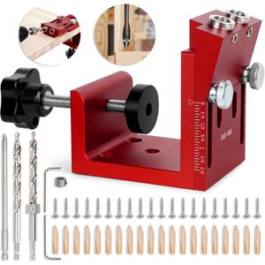 Pocket Hole Jig Kit, Adjustable Aluminum Pocket Hole System, Portable Screw Jig Set Guides Joint Carpentry Locator Woodworking Tools with Wooden Hole Plugs
