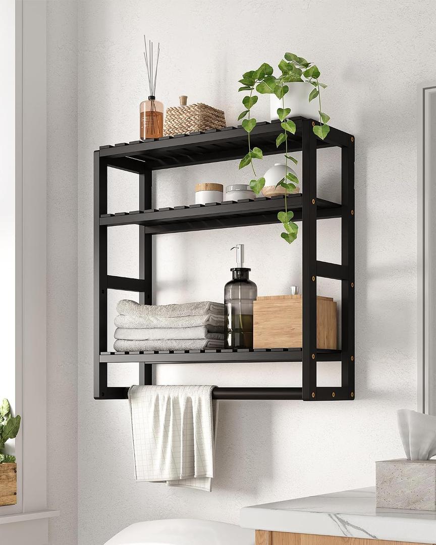 Galood Over The Toilet Storage Bathroom Shelves Wall Mounted 3 Tier Space Saver Corner Shelf Organizer Bamboo Towel Rack Toilet Paper Cabinet with Hanging Rod Black, Standard