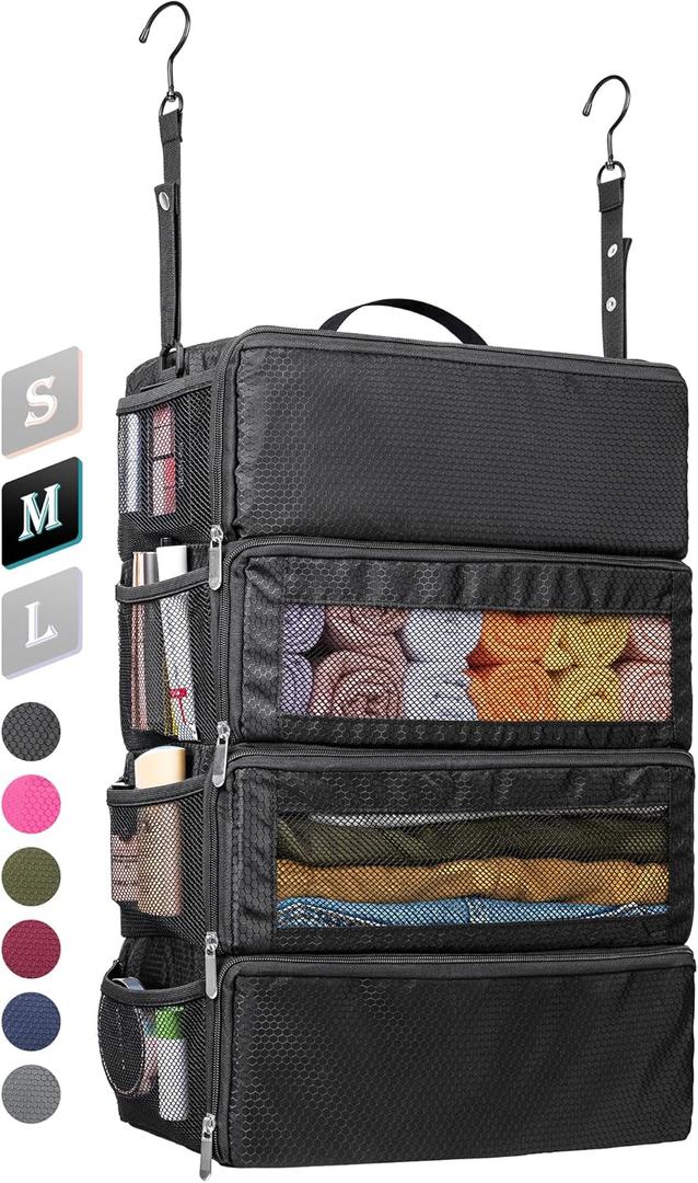 Suitcase Organizer, Travel Luggage Organizer Hanging Shelves Packing Cube Closet/Collapsible Portable Travel Organizer for Carry-on (Medium, Black-M-4 Tier)