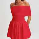 Atizon Women's Summer Off The Shoulder Mini Dress Casual Short Sleeve Trendy Cocktail Party A Line Dresses (Red)