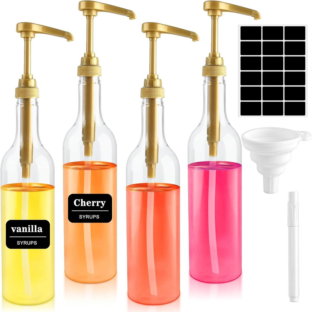 4 Pack Syrup Dispenser for Coffee Bar,25.4 oz/750 ml Clear Syrup Dispenser with 1/3 oz Gold Pump, Funnel and Comprehensive Label for Coffee Bar Accessories Essentials