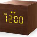 Digital Alarm Clock, with Wooden Electronic LED Time Display, 3 Alarm, 2.5-inch Cubic Small Mini Wood Made Electric Clocks for Bedroom, Bedside, Desk, Brown