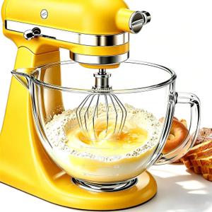 5QT Glass Mixing Bowl for KitchenAid 4.5-5 Quart Tilt-Head Stand Mixers | Double-Layer Thickened Mixing Bowl Replacement for Kitchen aid with Measurement Markings Pour Spout & Handle, Dishwasher Safe