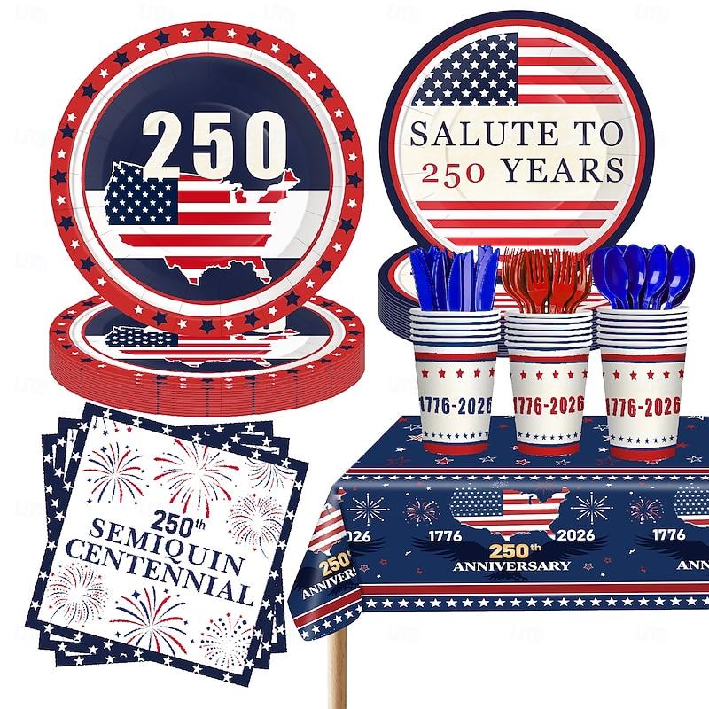 250th Anniversary Party Supplies Patriotic Party Decorations Set 4th of July Banner Disposable Red White and Blue Plates and Napkins 1776-2026 Paper Cups American Flag Tablecloth for Memorial Day