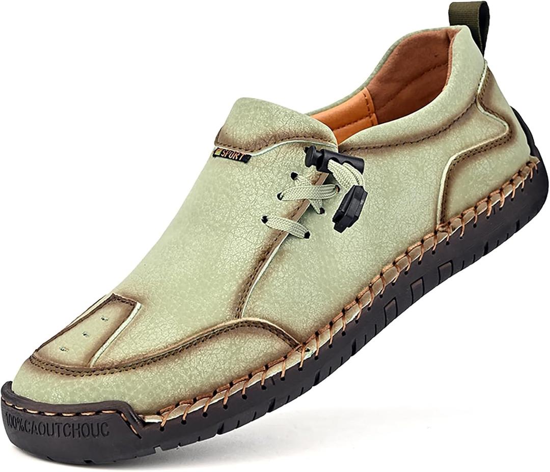 Men's Leather Hand Stitching Lace-Up Loafers Lightweight Breathable Round Toe Slip-On Flat Chukka Oxfords Driving Walking Shoes (11, Green)